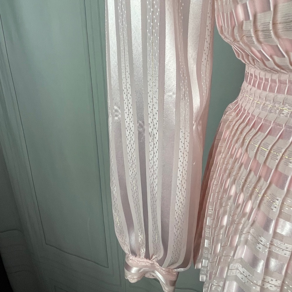 Vintage Nicola - Pink Striped Mock Neck Peplum Top Back Button Blouse - Size 4 - Picture 16 of 16